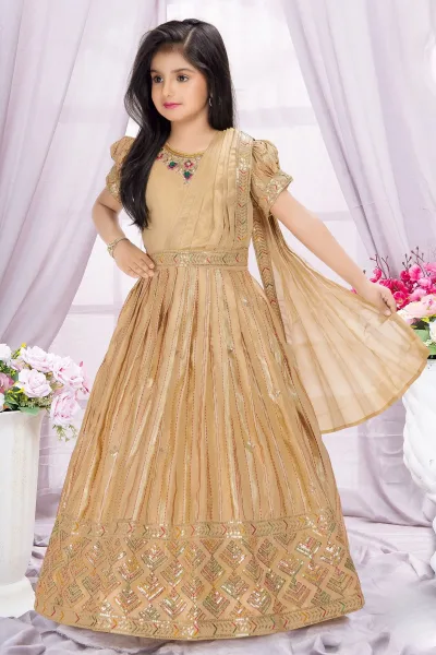 Gold Banaras Zari, Zardozi, Sequins, Beads and Stone work Long Party Gown